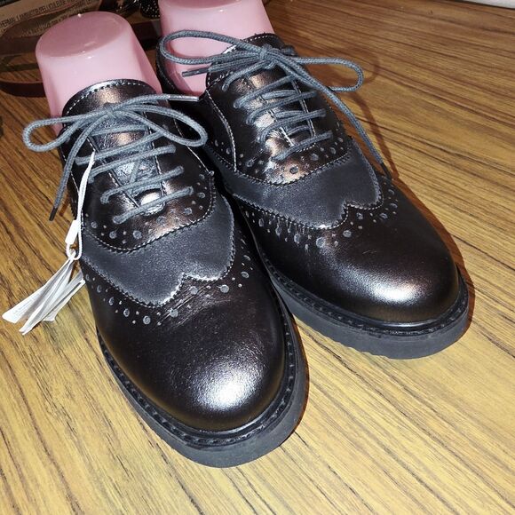 GEOX RESPIRA THYMAR Sz 7 NWT! Metallic Black Italian Patent Leather Oxford Shoes - Picture 2 of 12